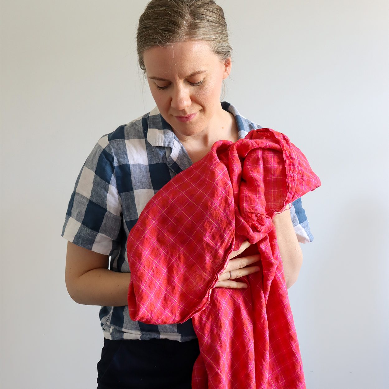 Raspberry and Red check 100% linen