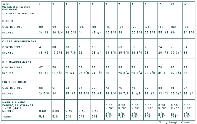 Honu Vest CLASSIC Measurement Chart